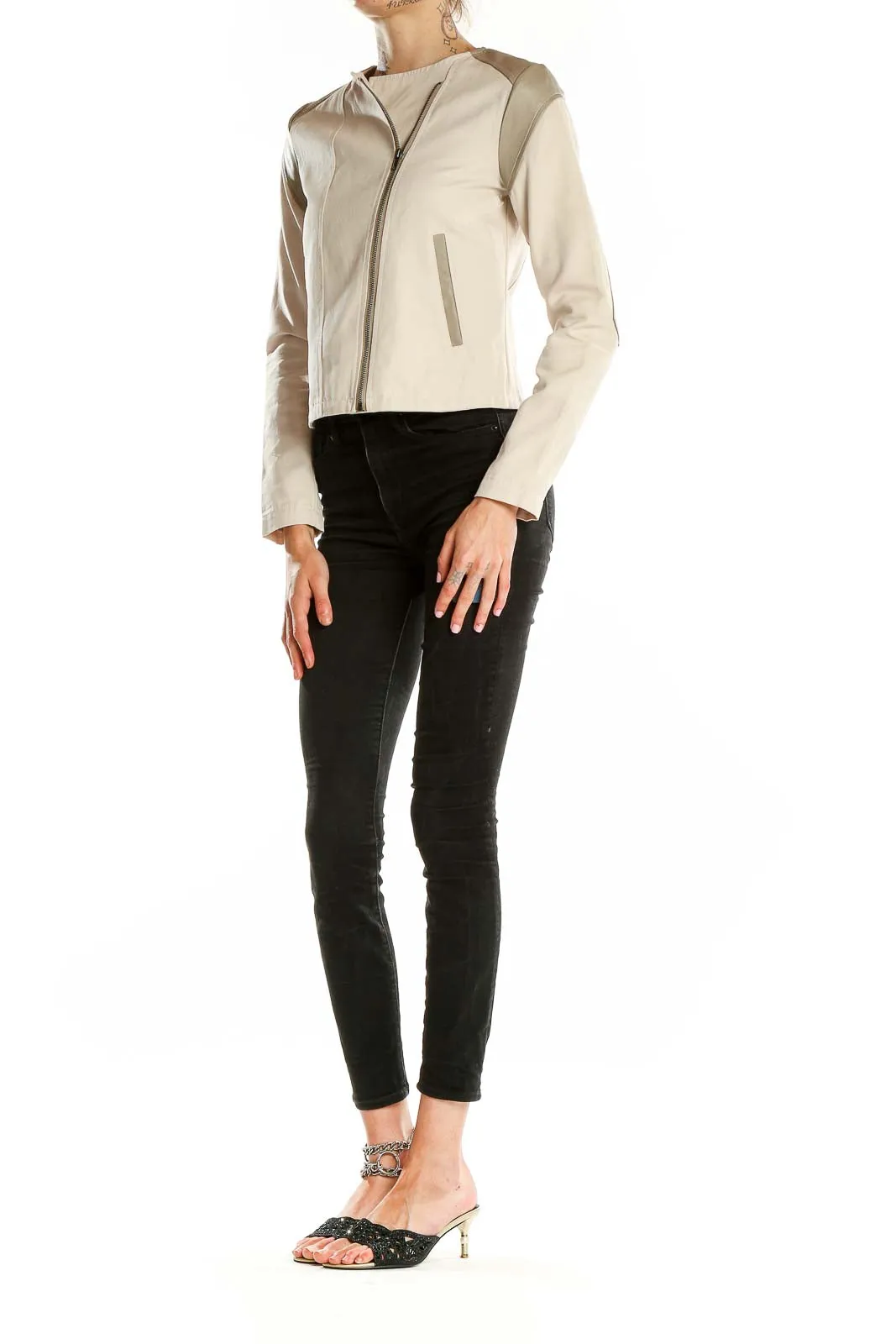 Beige Asymmetric Zip Cropped Jacket