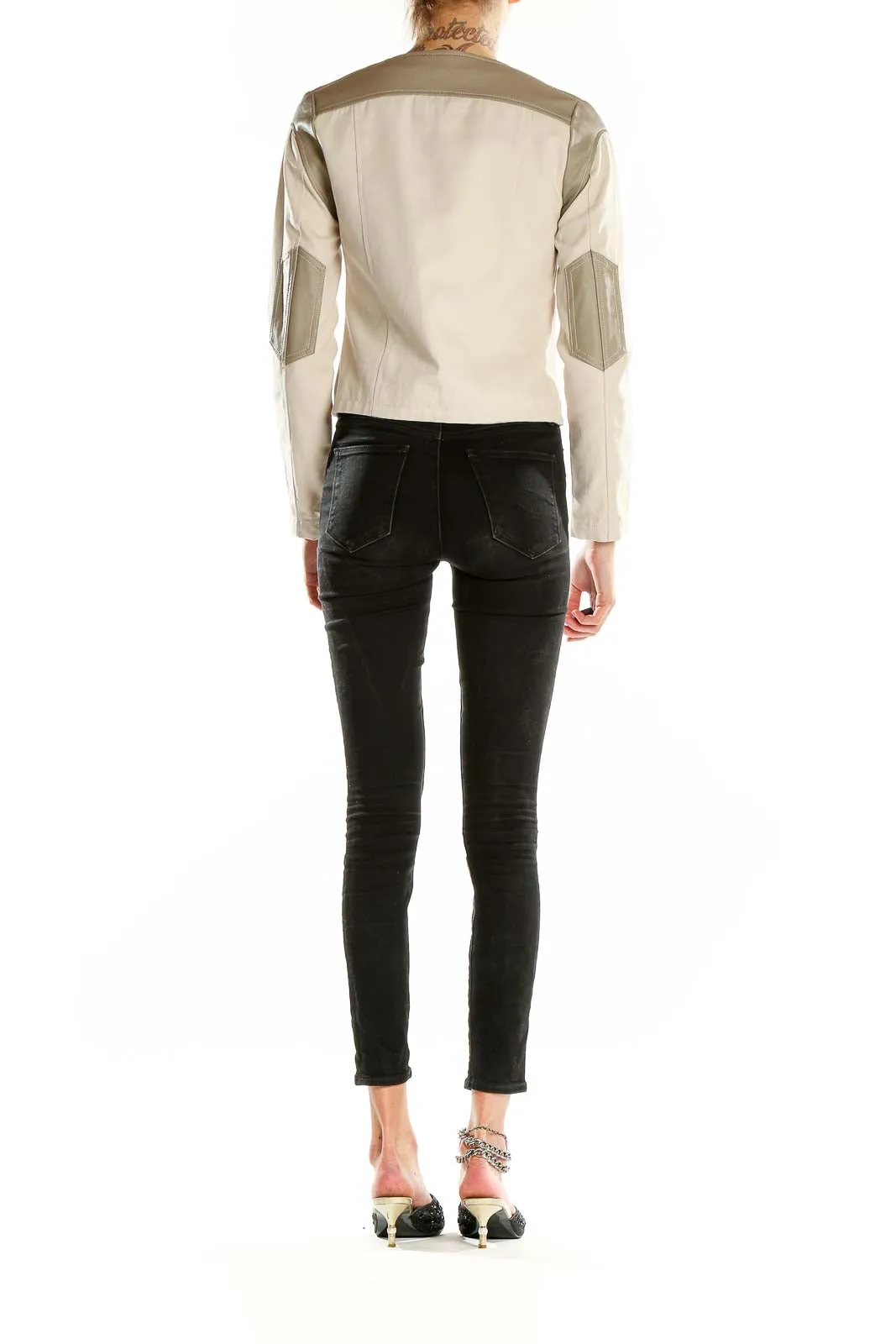 Beige Asymmetric Zip Cropped Jacket