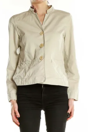 Beige Cotton Blend Mandarin Collar Jacket
