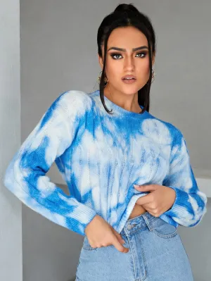 Blue White Tie Dye Drop Shoulder Slim Fit Round Neck Sweater Top