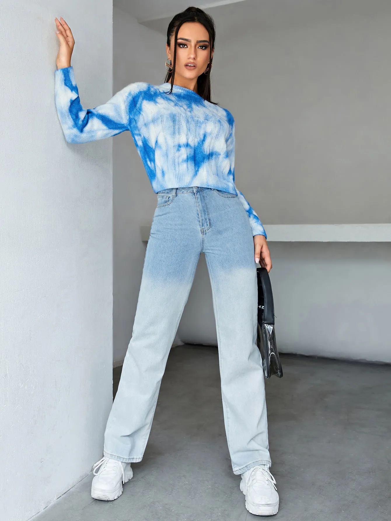 Blue White Tie Dye Drop Shoulder Slim Fit Round Neck Sweater Top