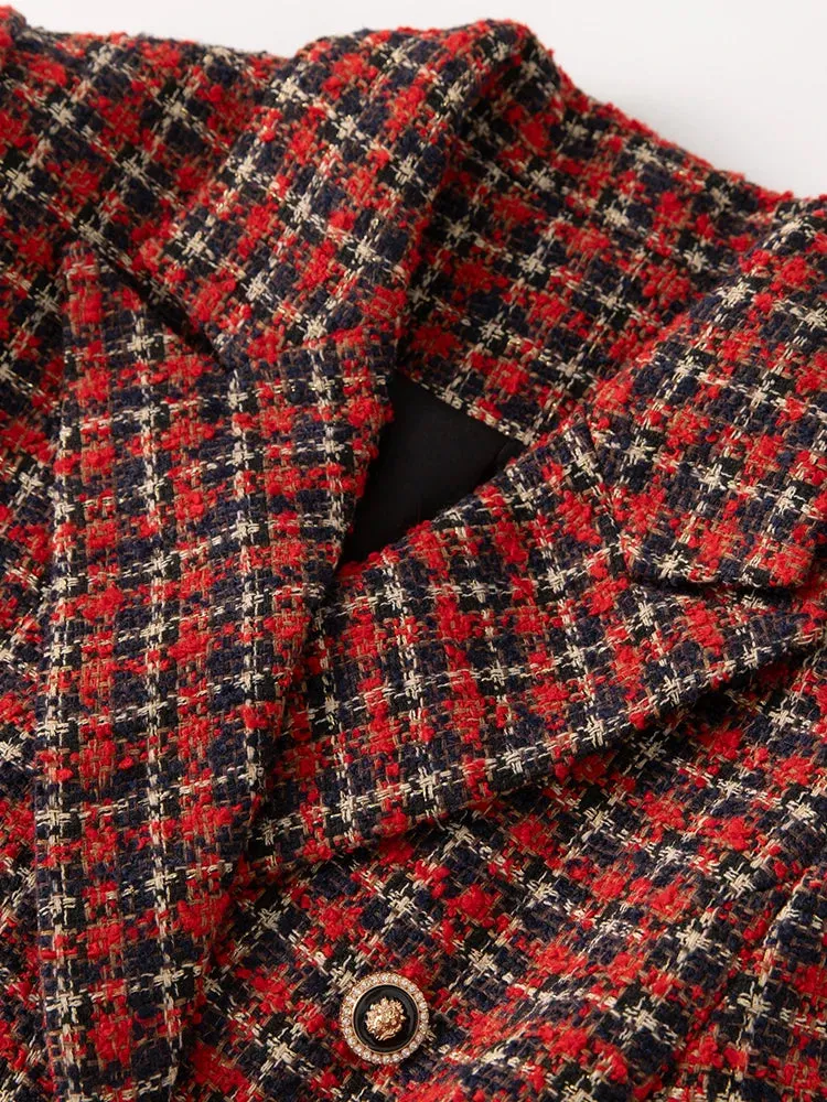 Cameron Double Breasted Red Plaid Tweed Coat