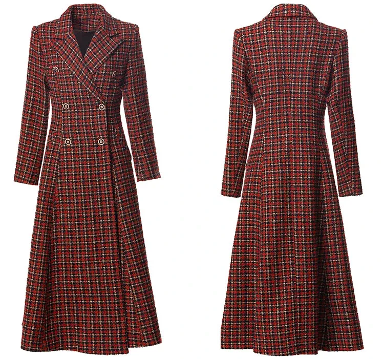 Cameron Double Breasted Red Plaid Tweed Coat