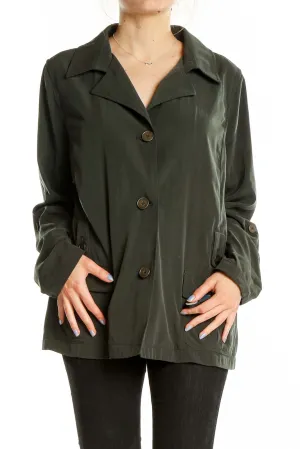 Dark Green Polyester Button-Up Jacket