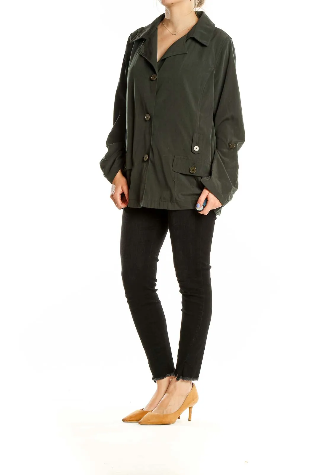 Dark Green Polyester Button-Up Jacket