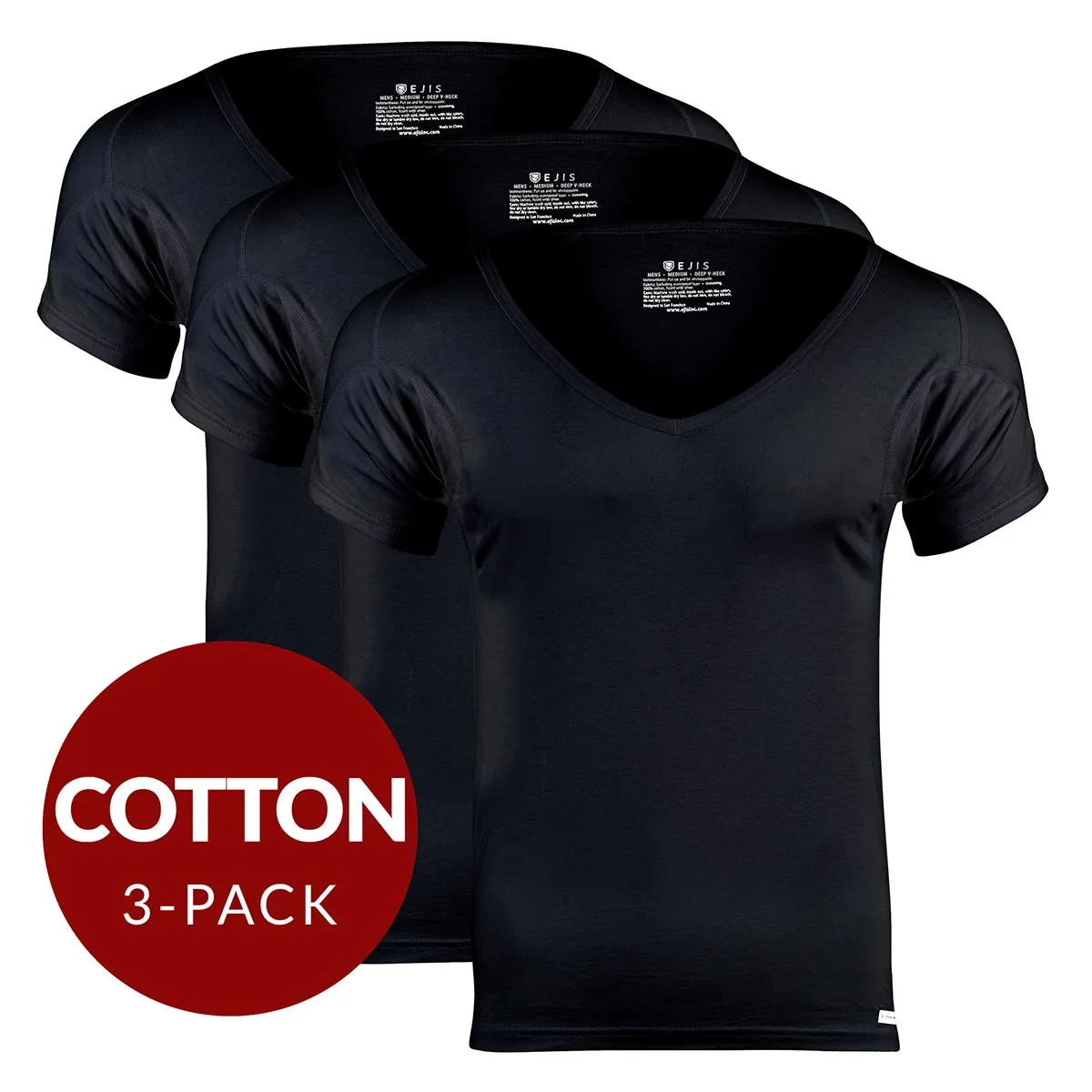 Deep V Cotton Sweat Proof Undershirt For Men - Black 3-Pack