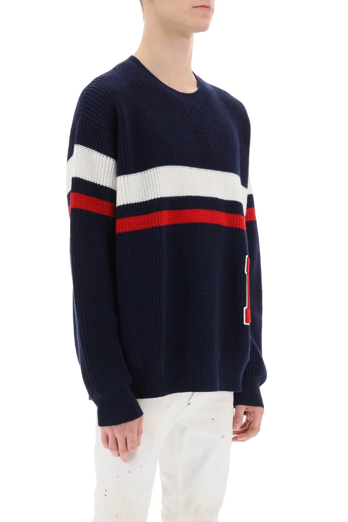 Dsquared2 wool sweater with varsity patch S74HA1429 S18431 BLUE WHITE RED