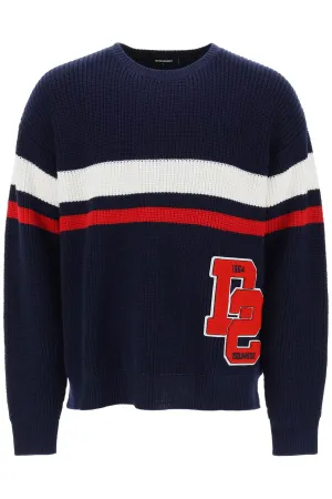 Dsquared2 wool sweater with varsity patch S74HA1429 S18431 BLUE WHITE RED