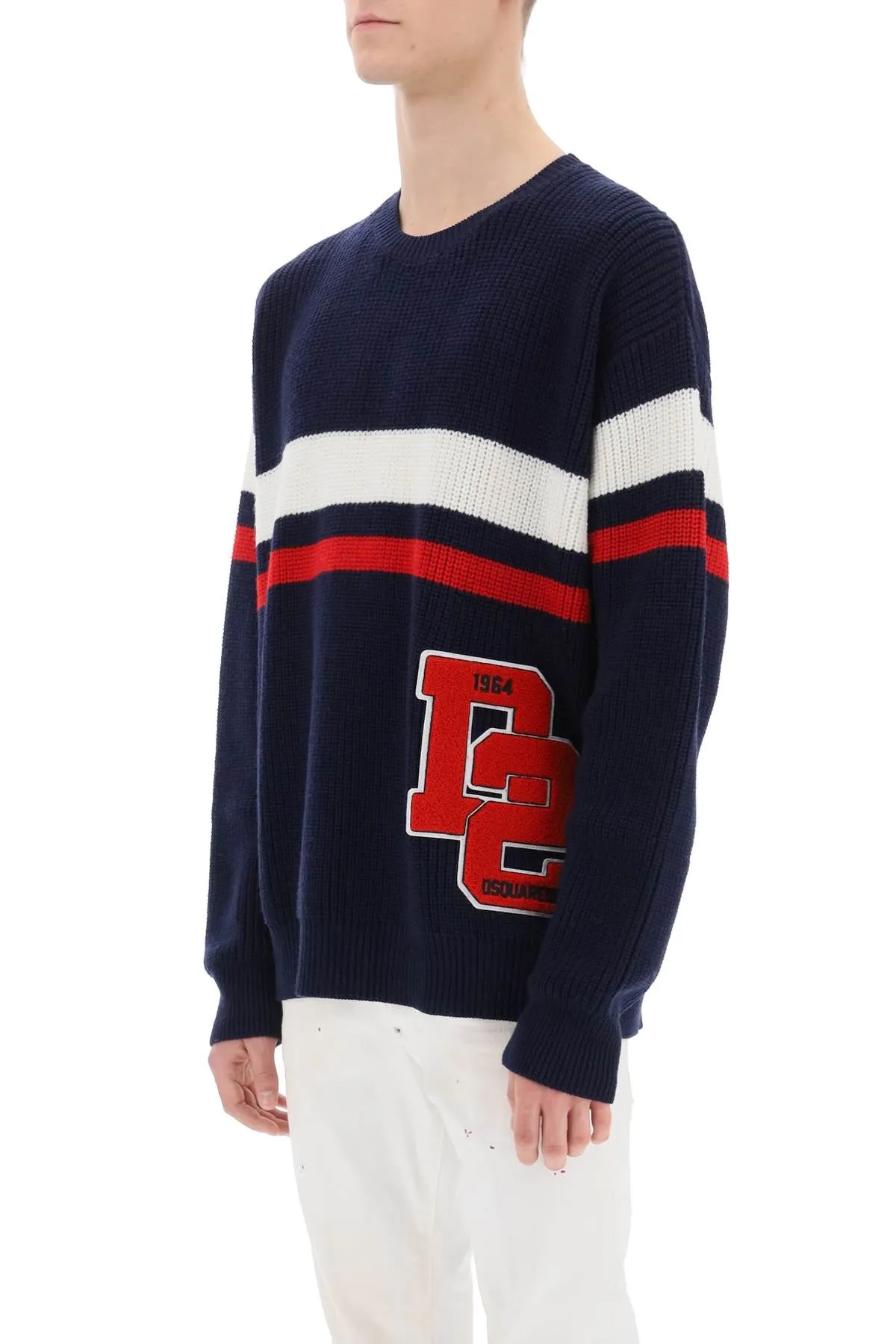 Dsquared2 wool sweater with varsity patch S74HA1429 S18431 BLUE WHITE RED