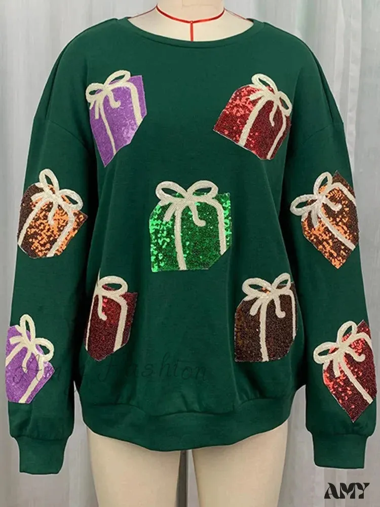 Glitter Patchwork Vintage Harajuku Slim Streetwear Long Sleeve Christmas Hoodie