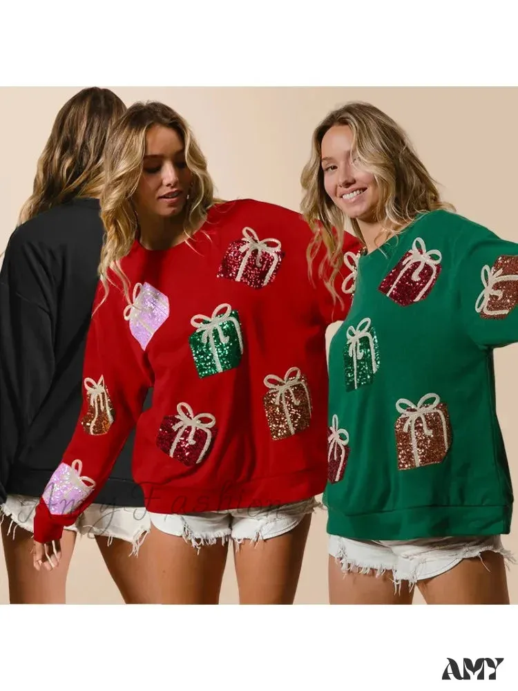 Glitter Patchwork Vintage Harajuku Slim Streetwear Long Sleeve Christmas Hoodie