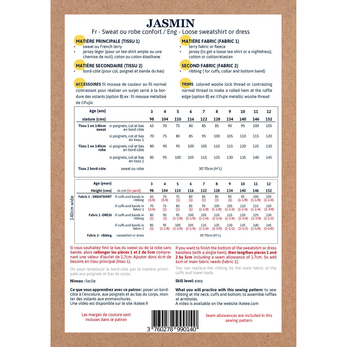 JASMIN sweatshirt/dress - kids 3/12- Paper Sewing Pattern