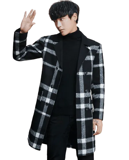 Men Black Colors Plaid Overcoat