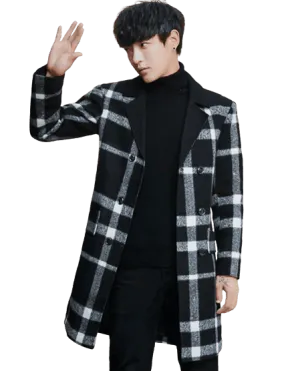 Men Black Colors Plaid Overcoat