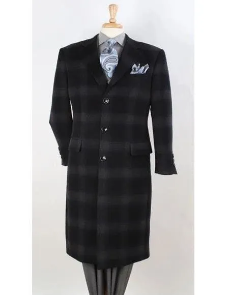Mens - 3 Button Coat Black Window Pane Plaid Chesterfield Overcoat