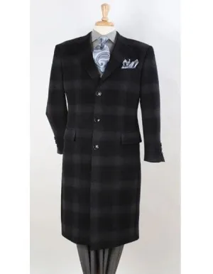 Mens - 3 Button Coat Black Window Pane Plaid Chesterfield Overcoat