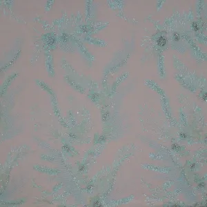 Mint Green Floral Bugle Beads Embroidered Tulle Fabric