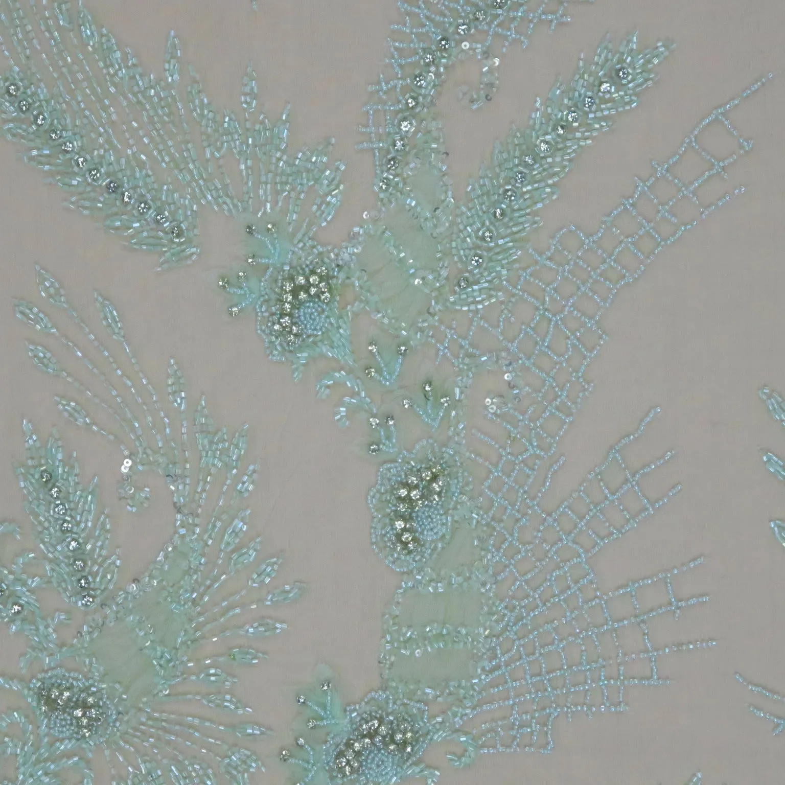 Mint Green Floral Bugle Beads Embroidered Tulle Fabric