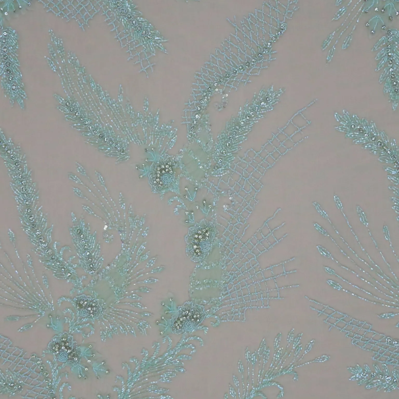 Mint Green Floral Bugle Beads Embroidered Tulle Fabric