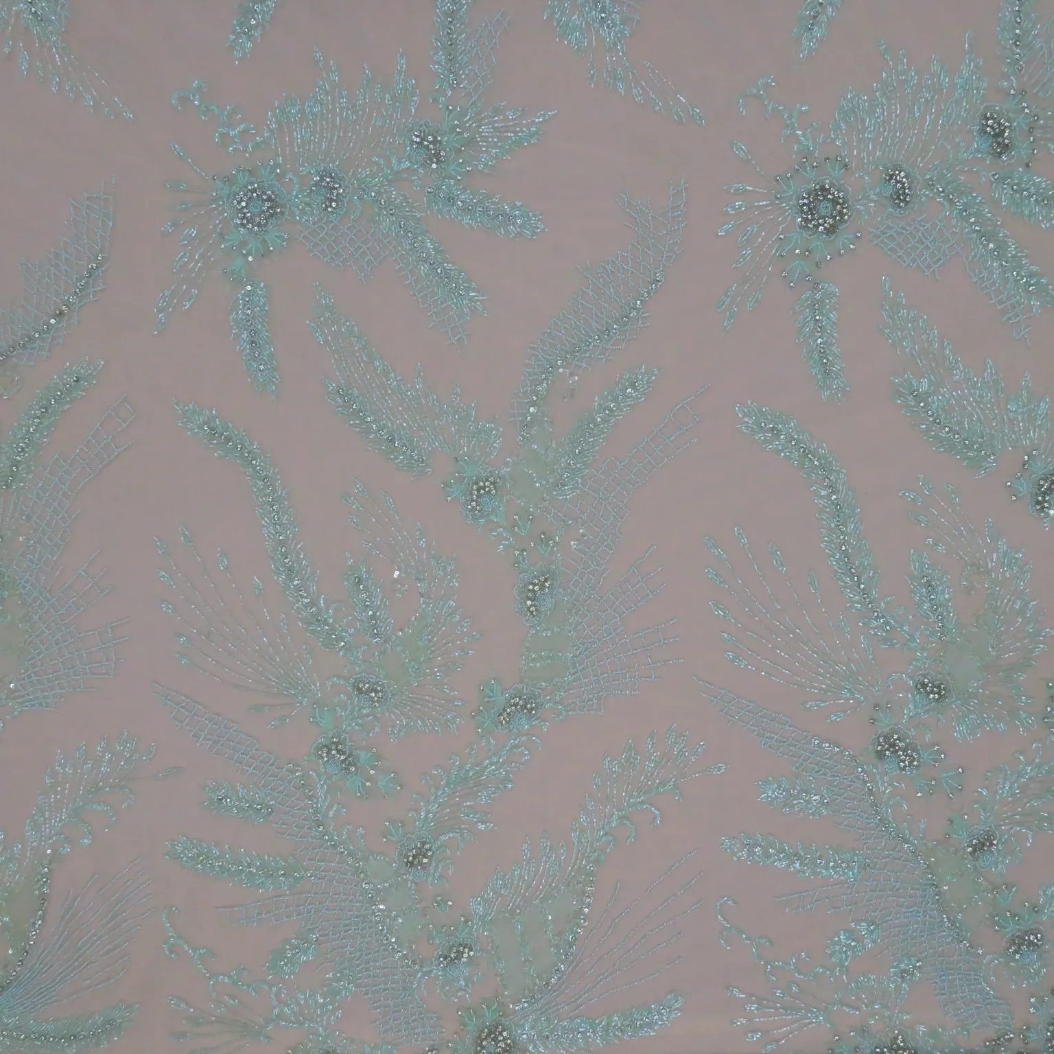 Mint Green Floral Bugle Beads Embroidered Tulle Fabric