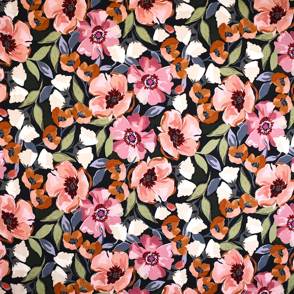 Painterly Poppy Floral Jersey French Terry Black/Rose