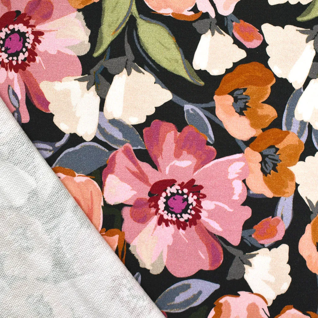 Painterly Poppy Floral Jersey French Terry Black/Rose
