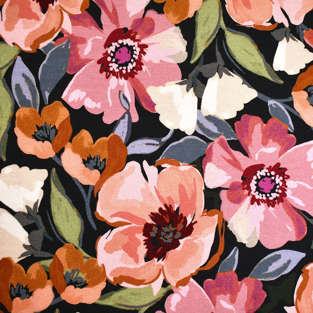 Painterly Poppy Floral Jersey French Terry Black/Rose