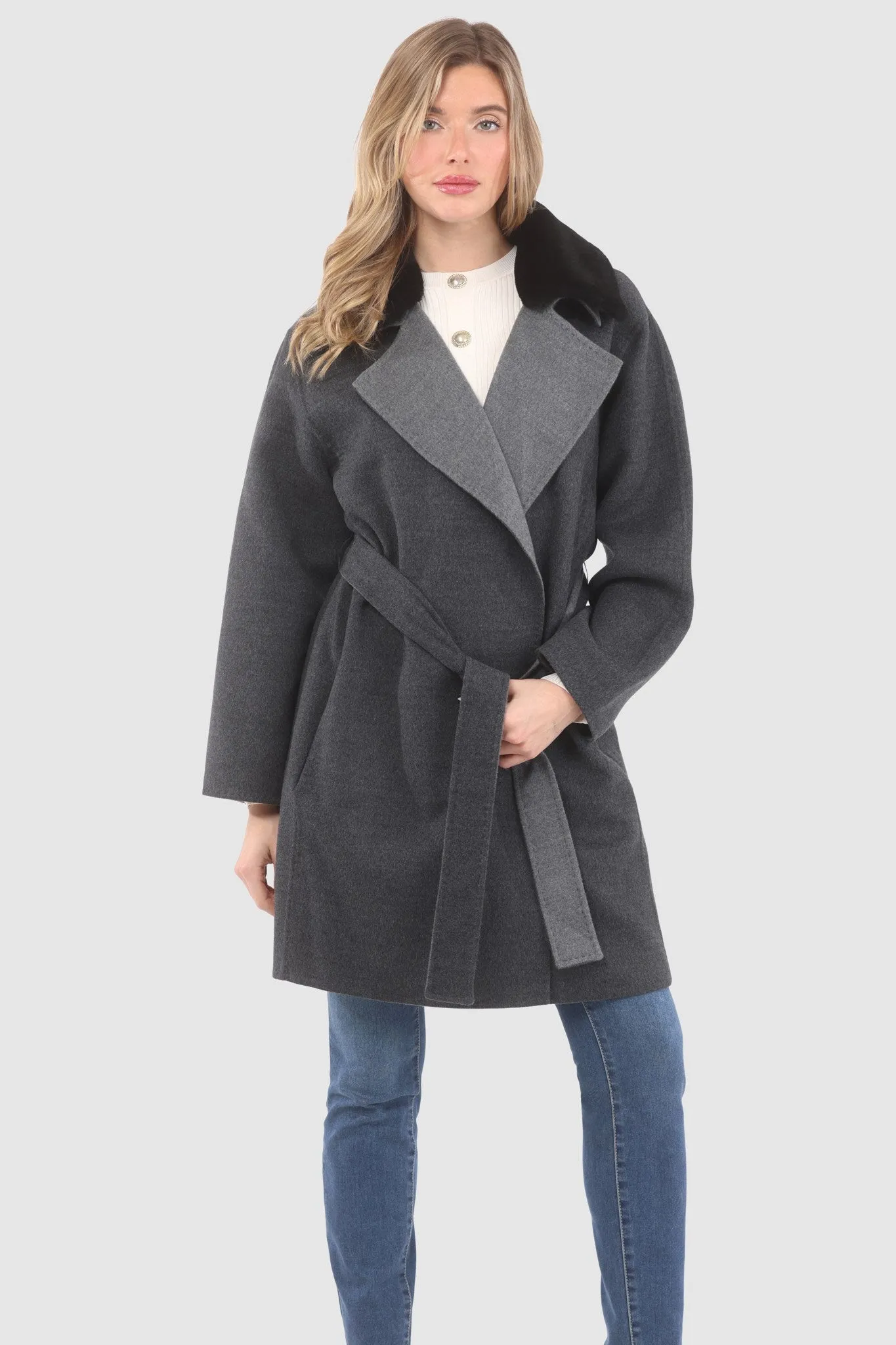 Reversible Loro Piana Wool Stroller with Detachable Select Shearling Lamb Collar, Belt