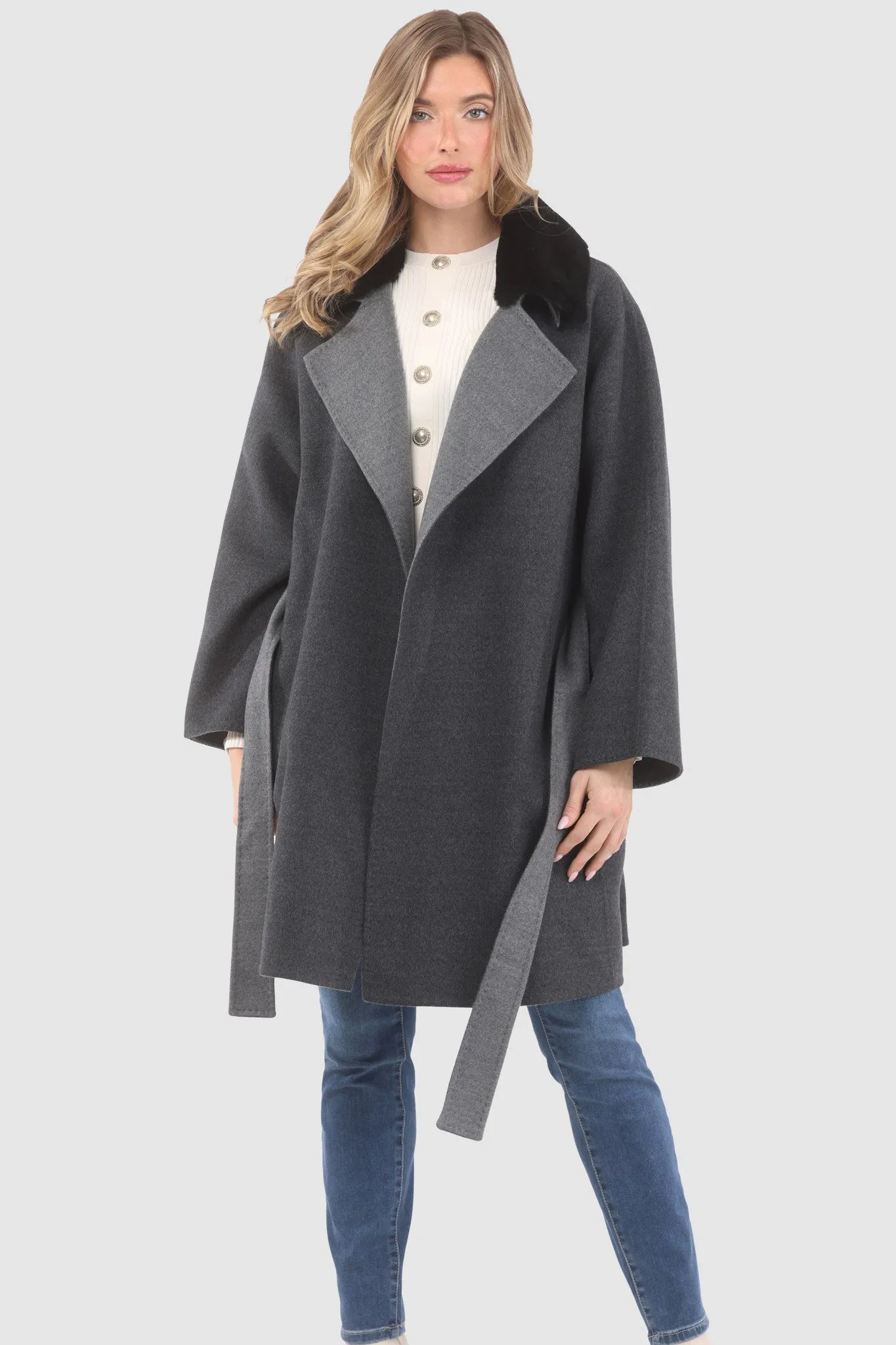 Reversible Loro Piana Wool Stroller with Detachable Select Shearling Lamb Collar, Belt