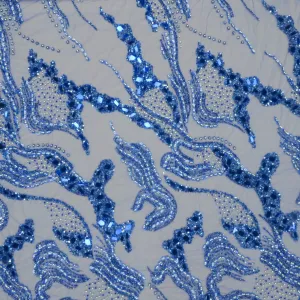 Royal Blue Floral Bugle Beads and Rhinestones Embroidered Tulle Fabric