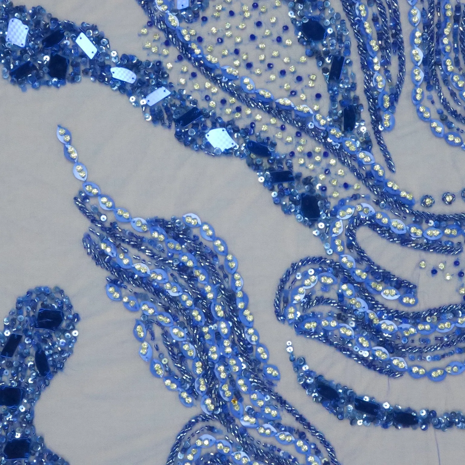Royal Blue Floral Bugle Beads and Rhinestones Embroidered Tulle Fabric