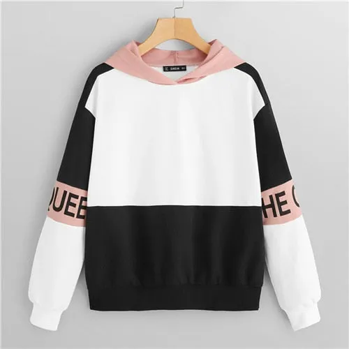 SHEIN Multicolor Elegant Color Block Letter Print Pullovers Hooded