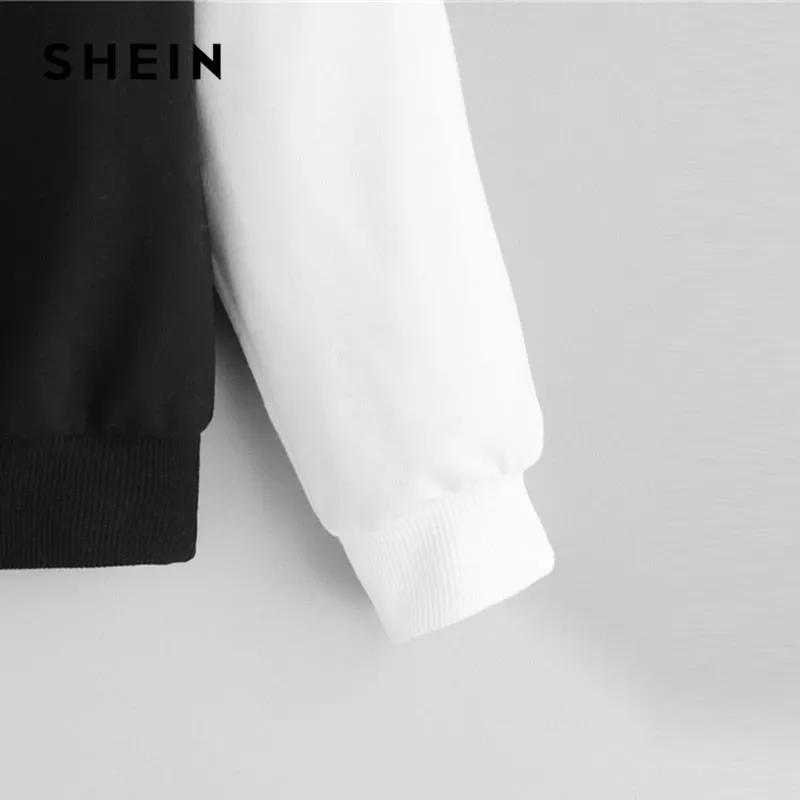 SHEIN Multicolor Elegant Color Block Letter Print Pullovers Hooded