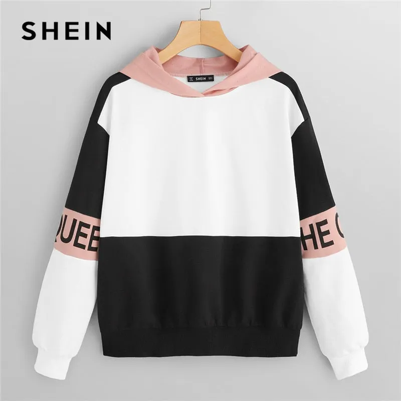 SHEIN Multicolor Elegant Color Block Letter Print Pullovers Hooded