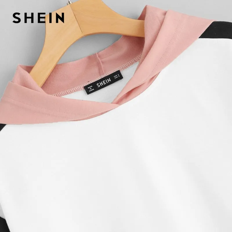SHEIN Multicolor Elegant Color Block Letter Print Pullovers Hooded
