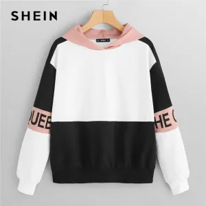 SHEIN Multicolor Elegant Color Block Letter Print Pullovers Hooded