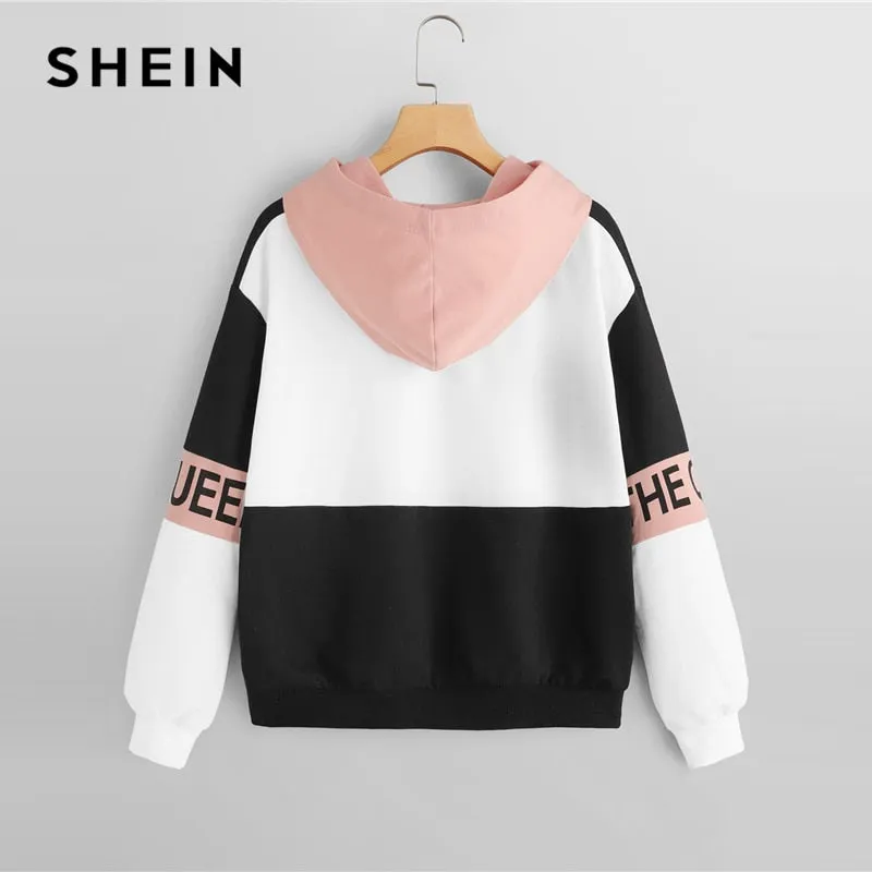 SHEIN Multicolor Elegant Color Block Letter Print Pullovers Hooded
