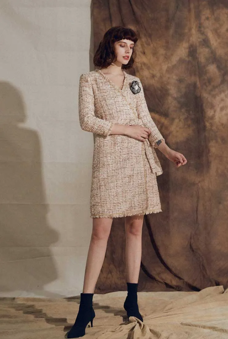 V-neck Fringe Belt Thick Tweed Long Coat