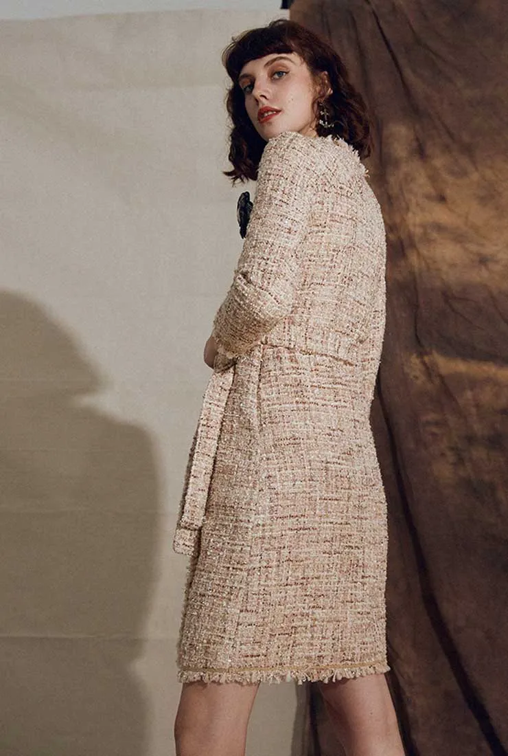 V-neck Fringe Belt Thick Tweed Long Coat