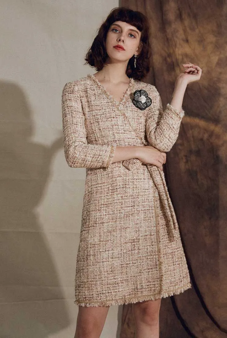 V-neck Fringe Belt Thick Tweed Long Coat
