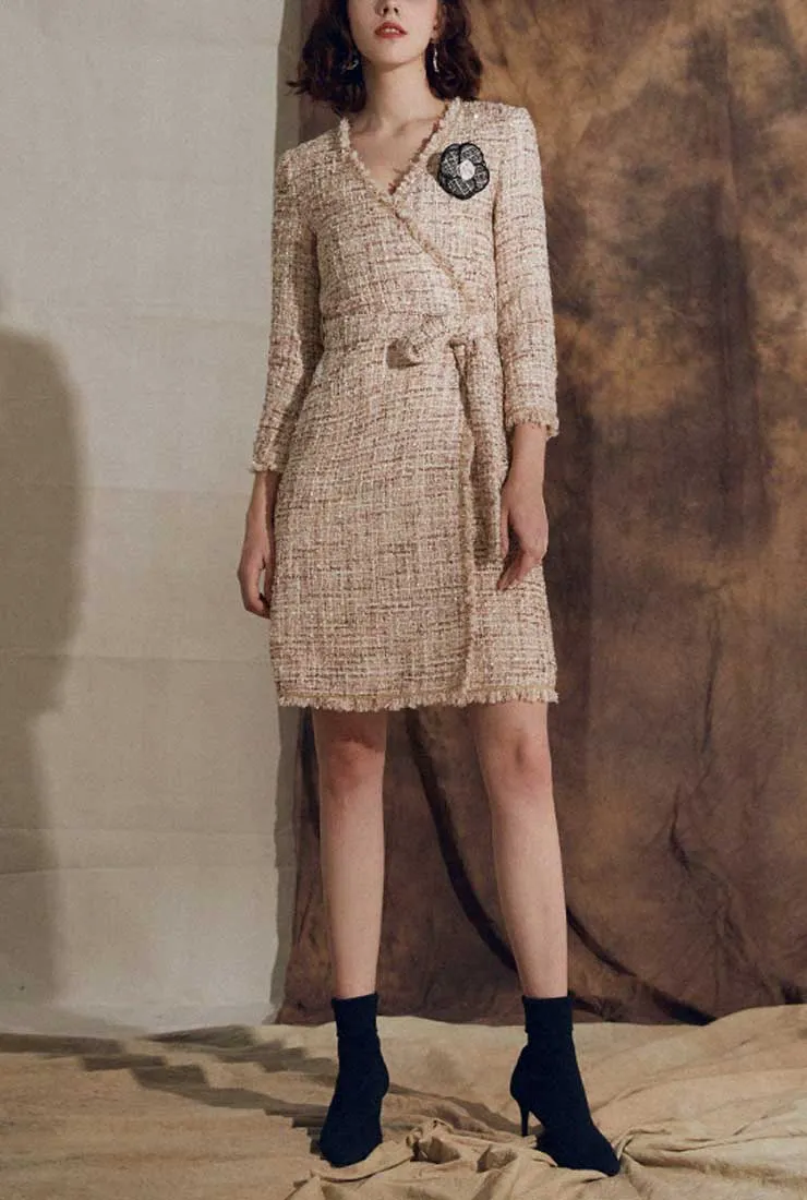 V-neck Fringe Belt Thick Tweed Long Coat