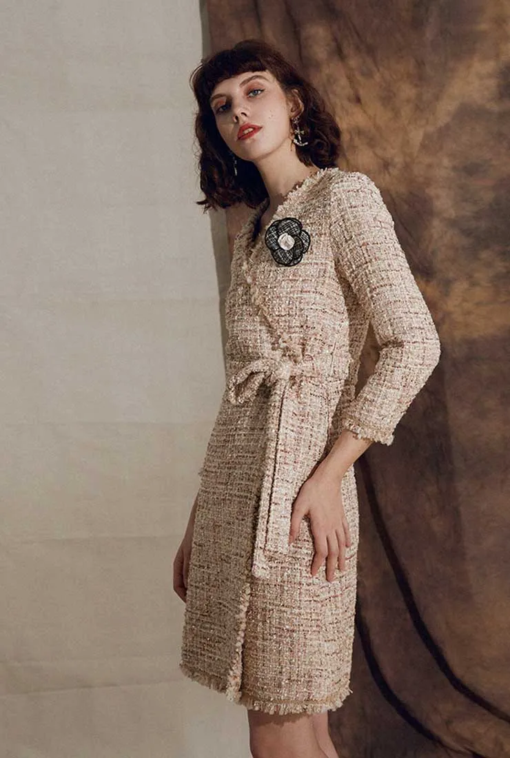 V-neck Fringe Belt Thick Tweed Long Coat
