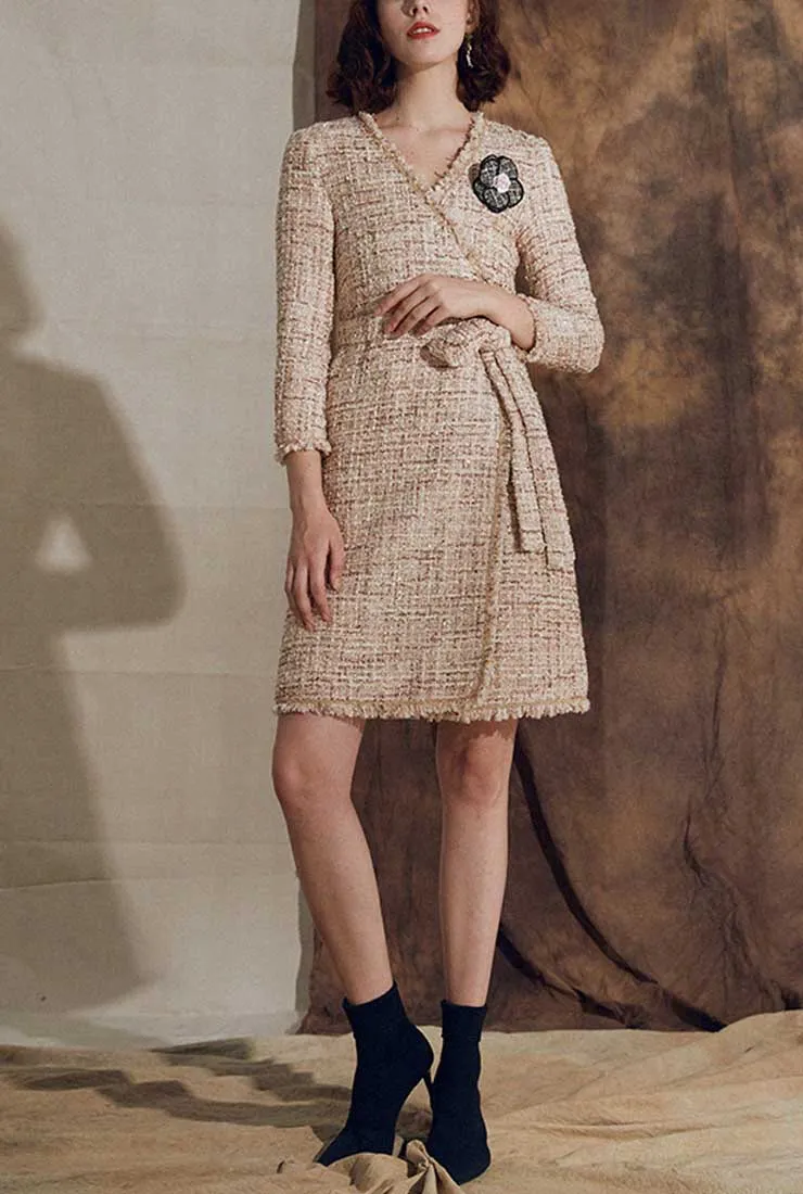V-neck Fringe Belt Thick Tweed Long Coat