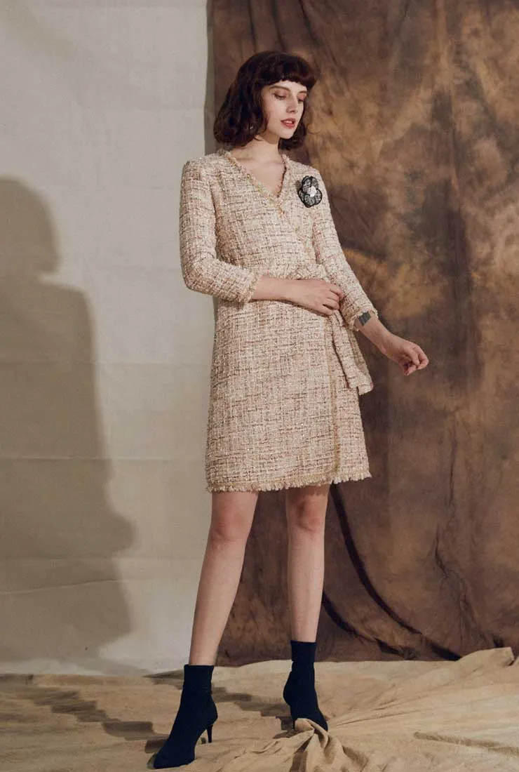 V-neck Fringe Belt Thick Tweed Long Coat