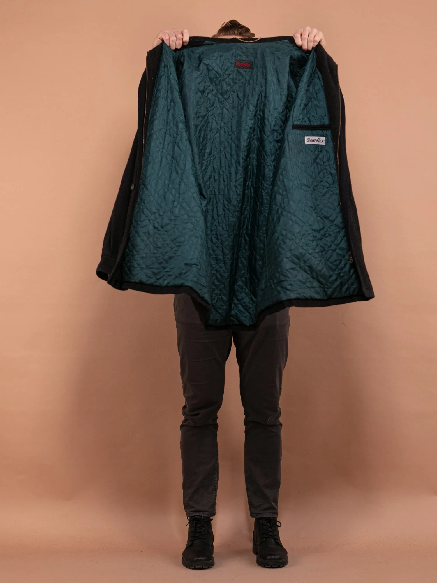 Vintage 80's Men Wool Parka Coat in Dark Gray