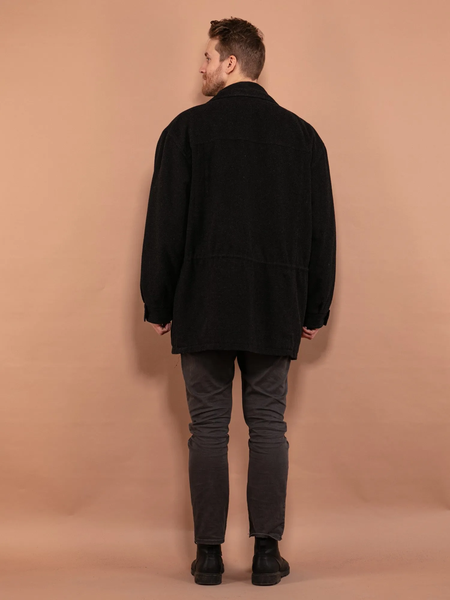 Vintage 80's Men Wool Parka Coat in Dark Gray