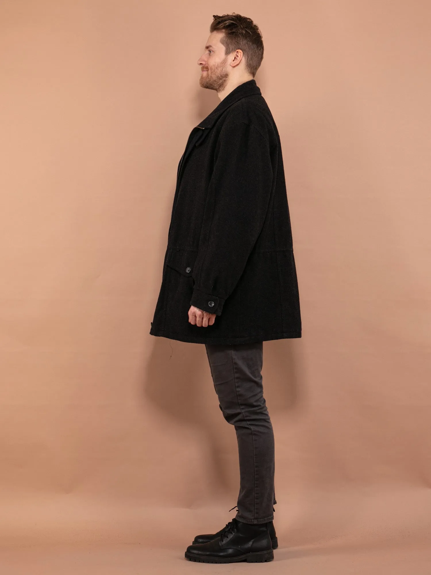 Vintage 80's Men Wool Parka Coat in Dark Gray