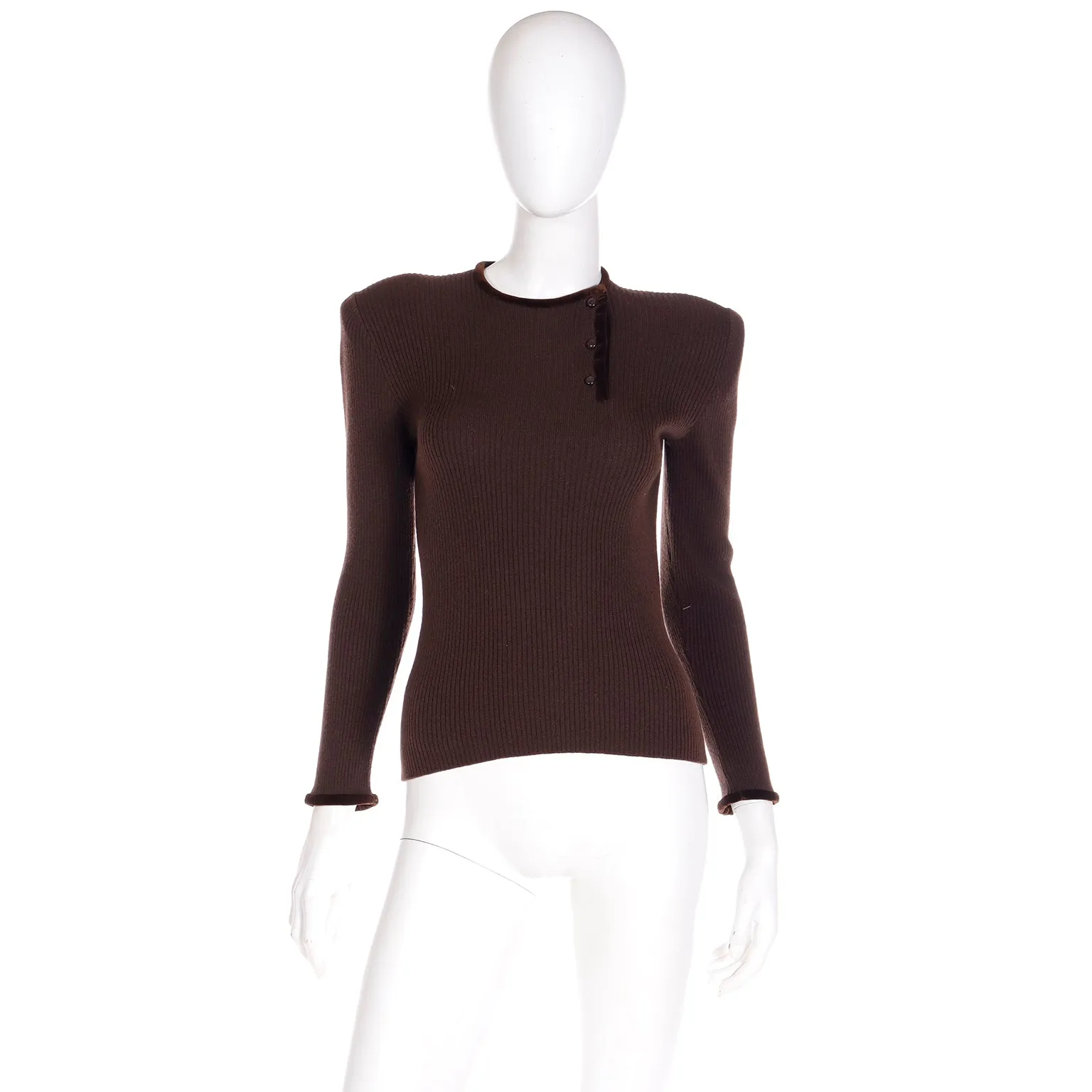 Vintage Valentino Chocolate Brown Sweater w/ Velvet Trim