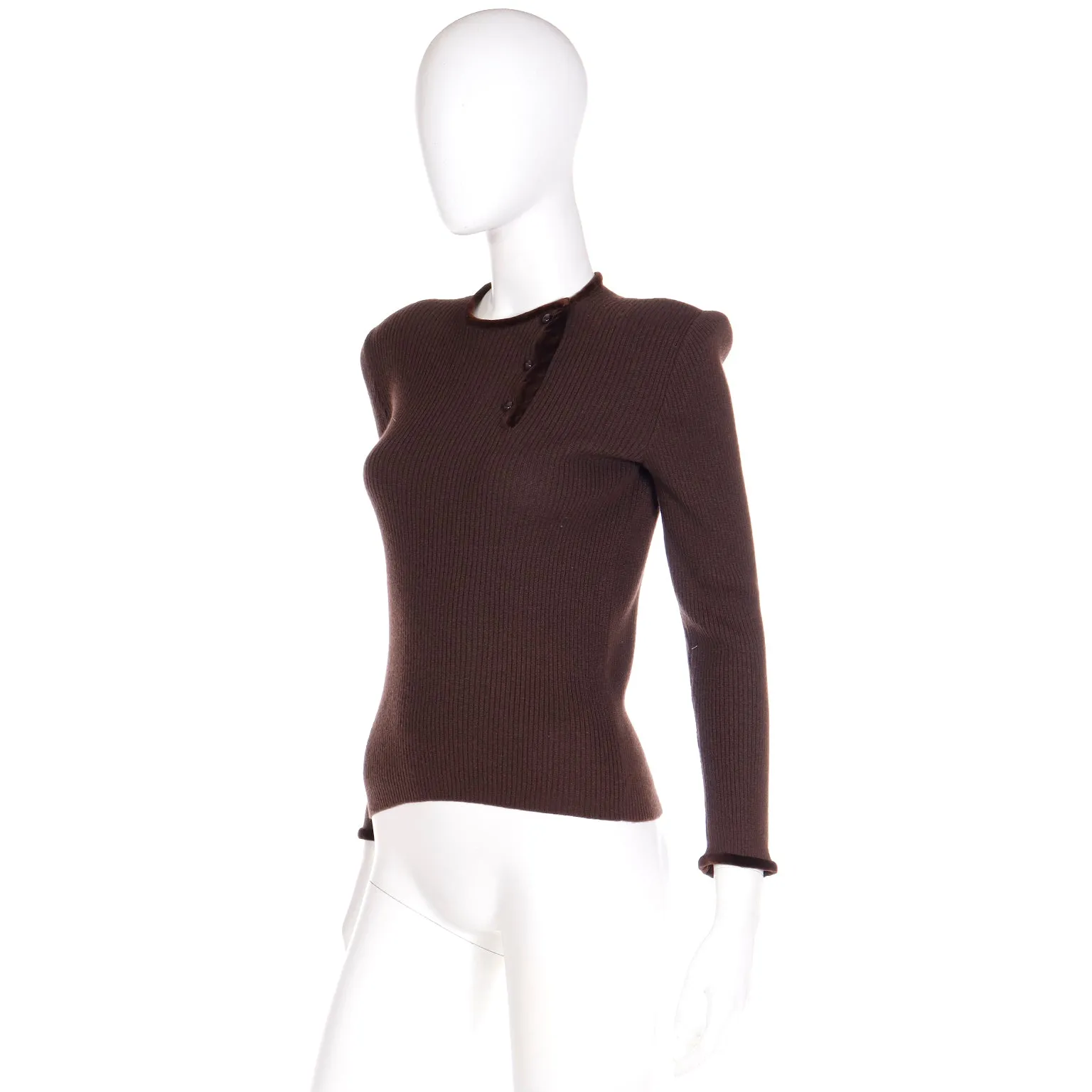 Vintage Valentino Chocolate Brown Sweater w/ Velvet Trim