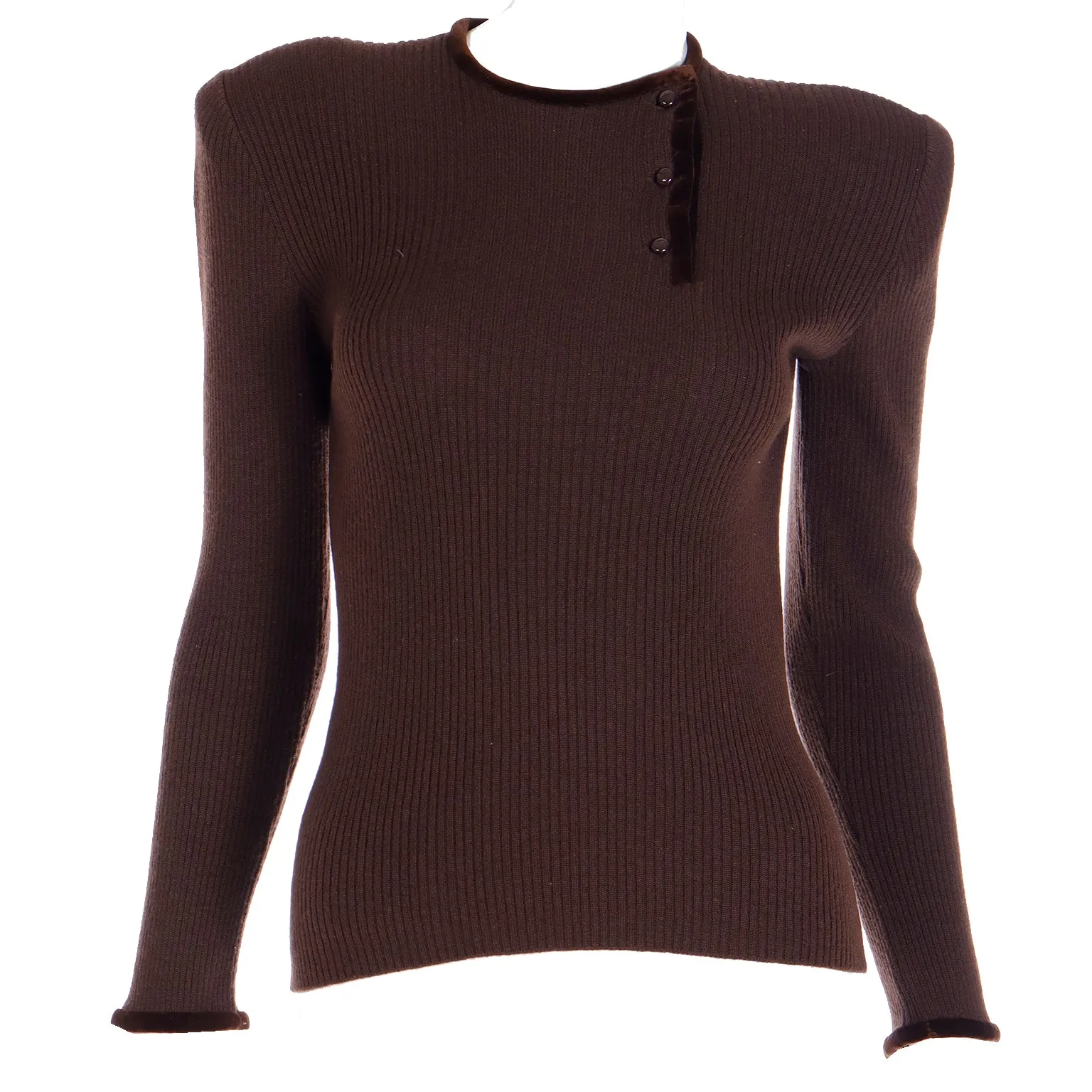 Vintage Valentino Chocolate Brown Sweater w/ Velvet Trim